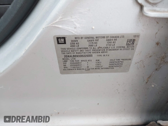2013 Chevrolet Equinox LS with VIN 2GNALBEKXD6229355, listed as a IAAI auction lot 42067980 with 185,175 mi miles. Bid and sale history available at carsss.com. Image 9.