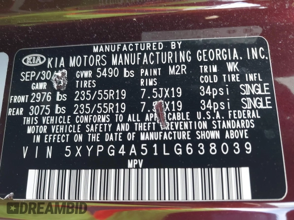 2020 Kia Sorento S z VIN 5XYPG4A51LG638039, wystawiony jako IAAI lot #42224330 z przebiegiem 40 203 mil mil oraz . Historia ofert i sprzedaży dostępna na DreamBid. Obrazek 9.