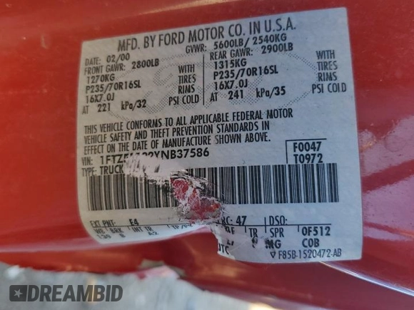 2000 Ford F-150 XL with VIN 1FTZF1722YNB37586, listed as a Copart auction lot 51740785 with Not provided miles and Clean title. Bid and sale history available at DreamBid. Image 12.