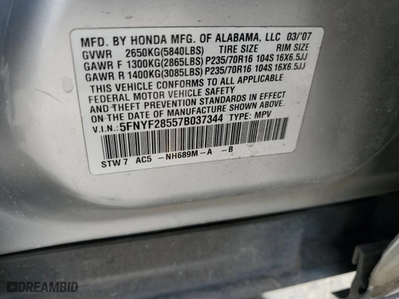 2007 Honda Pilot EX-L with VIN 5FNYF28557B037344, listed as a Copart auction lot 82451984 with 283,504 mi miles and Salvage Title. Bid and sale history available at carsss.com. Image 15.
