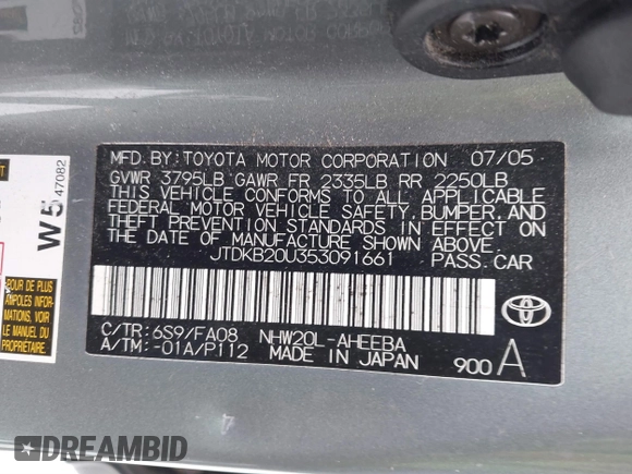 2005 Toyota Prius with VIN JTDKB20U353091661, listed as a IAAI auction lot 41566479 with 148,854 mi miles. Bid and sale history available at carsss.com. Image 9.
