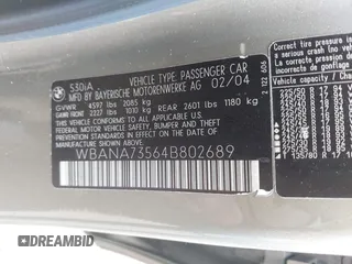 2004 BMW 5 Series 530i with VIN WBANA73564B802689, listed as a IAAI auction lot 42754924 with 200,213 mi miles and . Bid and sale history available at DreamBid. Image 9.