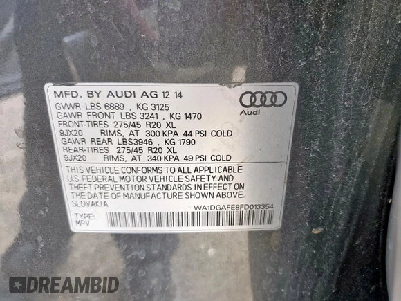 2015 Audi Q7 S line Prestige with VIN WA1DGAFE8FD013354, listed as a Copart auction lot 59822655 with 110,464 mi miles and Salvage title. Bid and sale history available at DreamBid. Image 13.