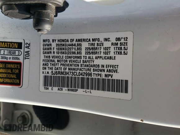 2012 Honda CR-V EX-L with VIN 5J6RM3H73CL042996, listed as a Copart auction lot 52128625 with 181,853 mi miles and Salvage Title. Bid and sale history available at carsss.com. Image 16.