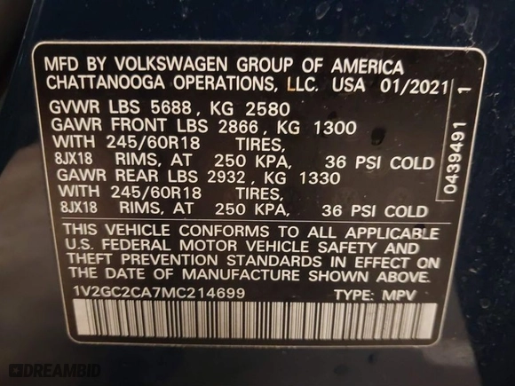 2021 Volkswagen Atlas Cross Sport 2.0T S with VIN 1V2GC2CA7MC214699, listed as a IAAI auction lot 41289089 with 59,073 mi miles. Bid and sale history available at carsss.com. Image 9.