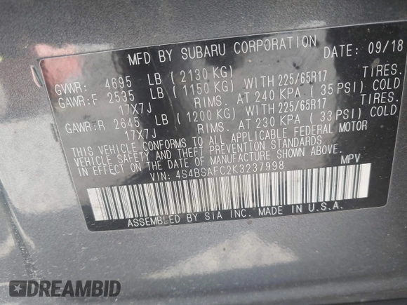 2019 Subaru Outback Premium with VIN 4S4BSAFC2K3237998, listed as a IAAI auction lot 42060769 with 151,082 mi miles and . Bid and sale history available at DreamBid. Image 9.
