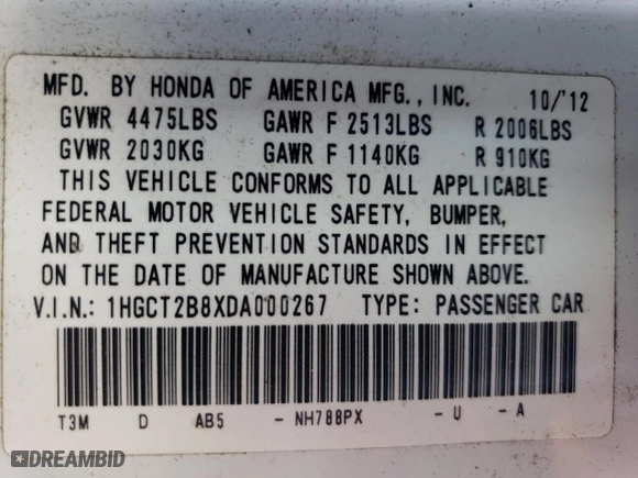 2013 Honda Accord Cpe EX-L with VIN 1HGCT2B8XDA000267, listed as a Copart auction lot 44244145 with NaN miles and Salvage Title. Bid and sale history available at carsss.com. Image 13.