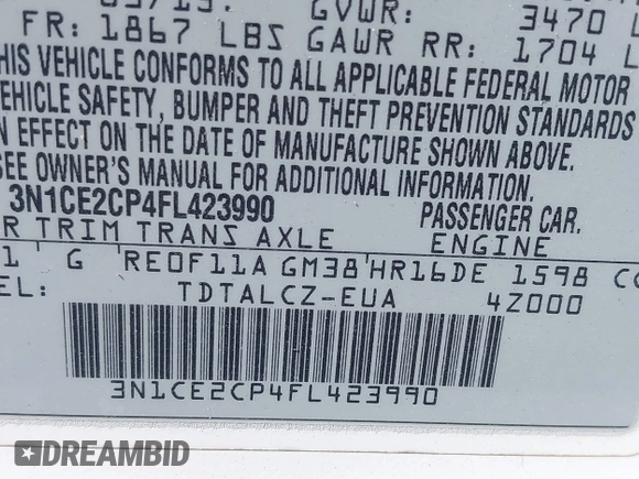 2015 Nissan Note SV with VIN 3N1CE2CP4FL423990, listed as a IAAI auction lot 42780434 with 116,983 mi miles and . Bid and sale history available at DreamBid. Image 9.