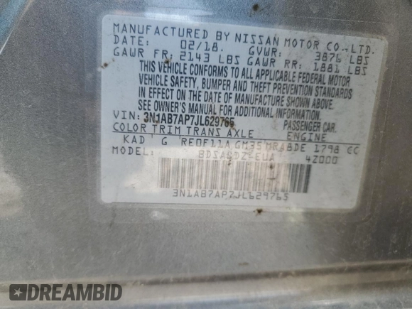 2018 Nissan Sentra SV z VIN 3N1AB7AP7JL629765, wystawiony jako Copart lot #59337625 z przebiegiem 113 004 mil mil oraz Szkoda całkowita • Salvage title. Historia ofert i sprzedaży dostępna na DreamBid. Obrazek 13.