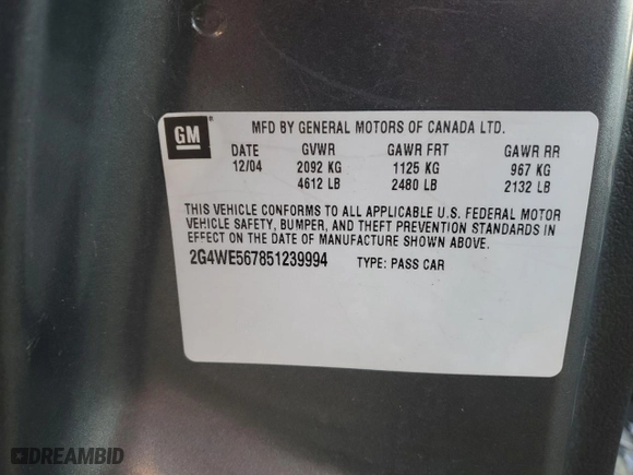 2005 Buick LaCrosse CXS with VIN 2G4WE567851239994, listed as a Copart auction lot 83468284 with 0 mi miles and Salvage Title. Bid and sale history available at carsss.com. Image 14.
