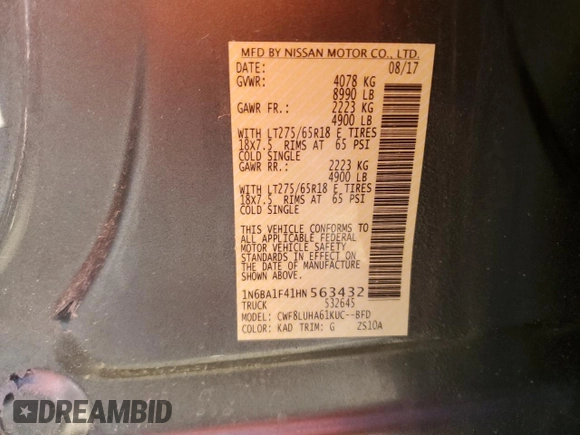 2017 Nissan Titan XD SV with VIN 1N6BA1F41HN563432, listed as a Copart auction lot 81428684 with 69,886 mi miles and Clean Title. Bid and sale history available at carsss.com. Image 12.