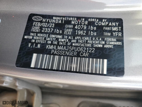 2023 Hyundai Elantra Hybrid Blue with VIN KMHLM4AJ5PU062122, listed as a Copart auction lot 43638705 with 39,412 mi miles and Salvage Title. Bid and sale history available at carsss.com. Image 12.