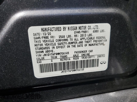 2021 Infiniti Q50 Pure z VIN JN1EV7AP9MM704145, wystawiony jako Copart lot #53471215 z przebiegiem 66 437 mil mil oraz Szkoda całkowita • Salvage title. Historia ofert i sprzedaży dostępna na DreamBid. Obrazek 12.