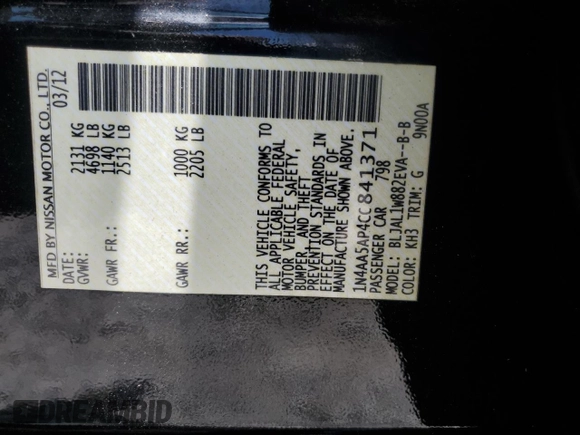 2012 Nissan Maxima SV with VIN 1N4AA5AP4CC841371, listed as a Copart auction lot 60878515 with 74,214 mi miles and Salvage title. Bid and sale history available at DreamBid. Image 12.