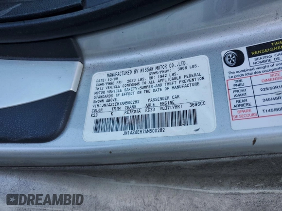 2010 Nissan 370Z with VIN JN1AZ4EH7AM500282, listed as a Copart auction lot 76578084 with 65,773 mi miles and Salvage Title. Bid and sale history available at DreamBid. Image 12.