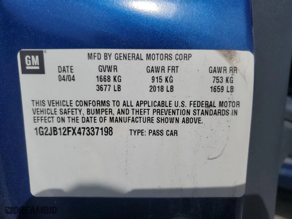 2004 Pontiac Sunfire with VIN 1G2JB12FX47337198, listed as a Copart auction lot 71675364 with 0 mi miles and Salvage Title. Bid and sale history available at carsss.com. Image 14.