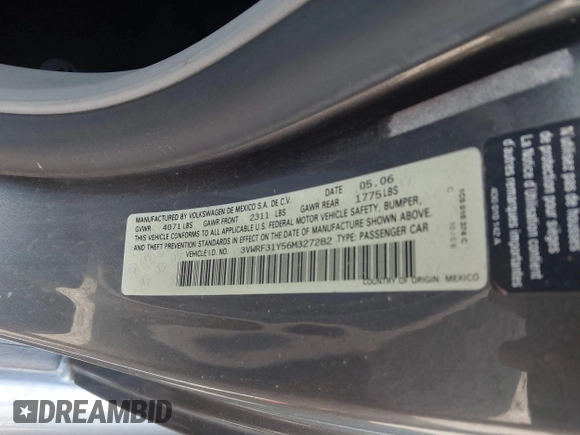 2006 Volkswagen Beetle with VIN 3VWRF31Y56M327282, listed as a IAAI auction lot 42359912 with 77,294 mi miles and . Bid and sale history available at DreamBid. Image 9.