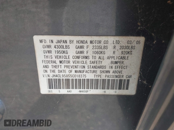 2005 Acura TSX with VIN JH4CL95855C018375, listed as a IAAI auction lot 42778290 with 142,627 mi miles and . Bid and sale history available at DreamBid. Image 9.