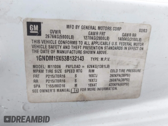 2003 Chevrolet Astro with VIN 1GNDM19X63B132143, listed as a IAAI auction lot 41818208 with Not Provided miles. Bid and sale history available at carsss.com. Image 9.