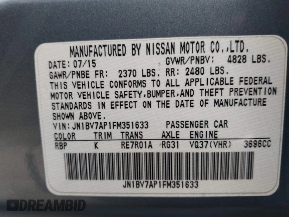 2015 Infiniti Q50 Premium with VIN JN1BV7AP1FM351633, listed as a IAAI auction lot 41880366 with 106,564 mi miles. Bid and sale history available at carsss.com. Image 9.