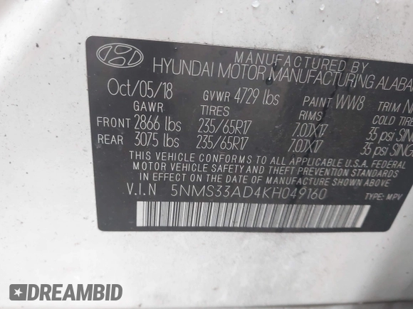 2019 Hyundai Santa Fe SEL Plus z VIN 5NMS33AD4KH049160, wystawiony jako IAAI lot #41937711 z przebiegiem 117 187 mil mil oraz . Historia ofert i sprzedaży dostępna na DreamBid. Obrazek 9.