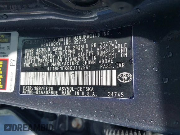2012 Toyota Camry L with VIN 4T1BF1FK8CU112561, listed as a IAAI auction lot 41203529 with 99,755 mi miles. Bid and sale history available at carsss.com. Image 9.