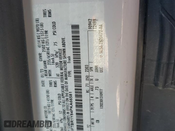 2023 Ford Transit Cargo with VIN 1FTBR1Y84PKA66581, listed as a Copart auction lot 62182335 with 19,897 mi miles and Clean title. Bid and sale history available at DreamBid. Image 13.