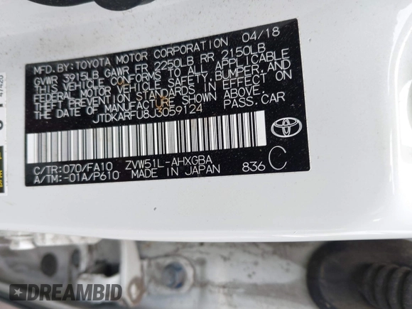 2018 Toyota Prius Two with VIN JTDKARFU8J3059124, listed as a IAAI auction lot 41709364 with 79,982 mi miles. Bid and sale history available at carsss.com. Image 9.