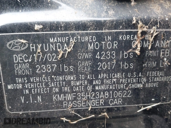 2003 Hyundai Sonata GLS with VIN KMHWF35H23A810622, listed as a IAAI auction lot 41719568 with 94,116 mi miles. Bid and sale history available at carsss.com. Image 9.