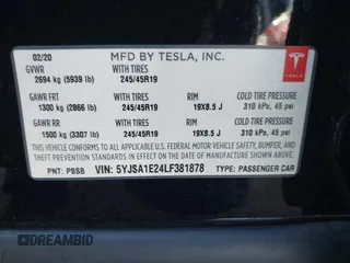 2020 Tesla Model S Long Range with VIN 5YJSA1E24LF381878, listed as a IAAI auction lot 41965340 with 47,468 mi miles. Bid and sale history available at carsss.com. Image 9.