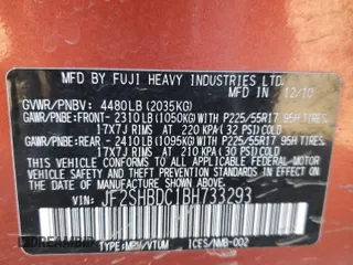 2011 Subaru Forester 2.5X Premium with VIN JF2SHBDC1BH733293, listed as a Copart auction lot 47758355 with 66,446 mi miles and Salvage Title. Bid and sale history available at carsss.com. Image 12.