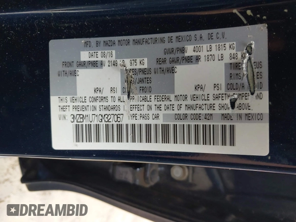 2016 Mazda Mazda3 i Sport with VIN 3MZBM1U71GM327067, listed as a IAAI auction lot 41965177 with 83,245 mi miles. Bid and sale history available at carsss.com. Image 9.