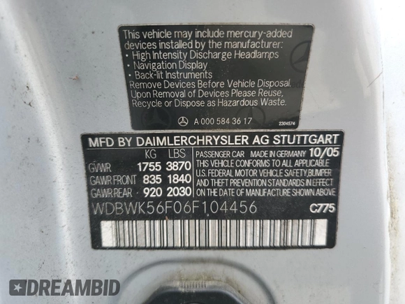 2006 Mercedes-Benz SLK 350 with VIN WDBWK56F06F104456, listed as a Copart auction lot 62647875 with 140,892 mi miles and Clean title. Bid and sale history available at DreamBid. Image 12.