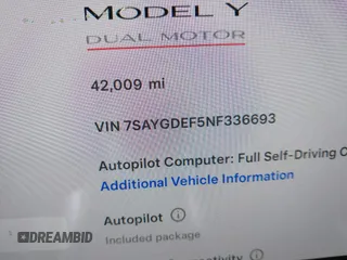 2022 Tesla Model Y Performance with VIN 7SAYGDEF5NF336693, listed as a IAAI auction lot 41805752 with 42,009 mi miles and . Bid and sale history available at DreamBid. Image 14.