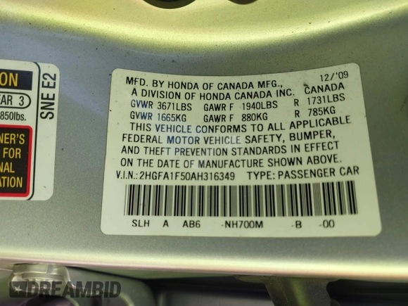 2010 Honda Civic LX with VIN 2HGFA1F50AH316349, listed as a IAAI auction lot 42229156 with 167,960 mi miles and . Bid and sale history available at DreamBid. Image 9.