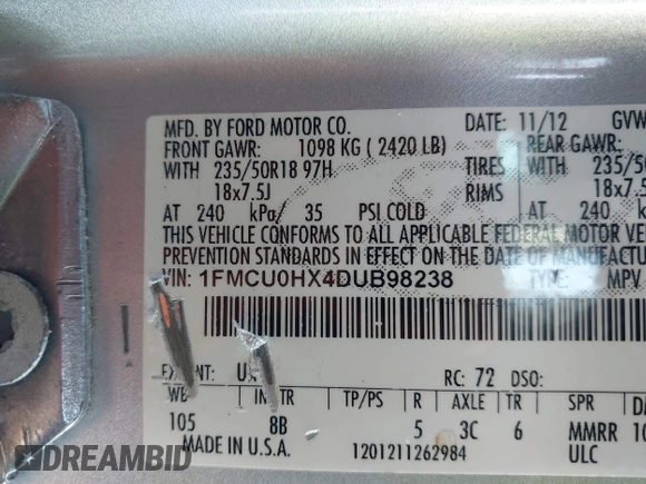 2013 Ford Escape SEL with VIN 1FMCU0HX4DUB98238, listed as a IAAI auction lot 41973221 with 131,590 mi miles and . Bid and sale history available at DreamBid. Image 9.