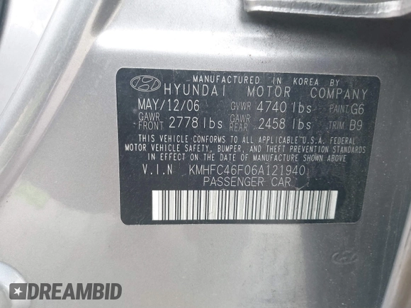 2006 Hyundai Azera SE with VIN KMHFC46F06A121940, listed as a IAAI auction lot 41707660 with 209,461 mi miles and . Bid and sale history available at DreamBid. Image 9.