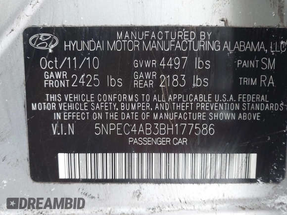 2011 Hyundai Sonata Limited with VIN 5NPEC4AB3BH177586, listed as a IAAI auction lot 41253703 with 162,085 mi miles and . Bid and sale history available at carsss.com. Image 9.
