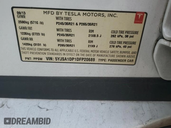 2013 Tesla Model S Performance z VIN 5YJSA1DP1DFP20689, wystawiony jako Copart lot #56869305 z przebiegiem Nie podano mil oraz Szkoda całkowita • Salvage title. Historia ofert i sprzedaży dostępna na DreamBid. Obrazek 12.