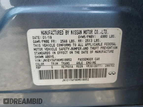 2019 Infiniti Q50 Luxe with VIN JN1EV7APXKM518952, listed as a Copart auction lot 59468095 with 42,344 mi miles and Salvage title. Bid and sale history available at DreamBid. Image 12.