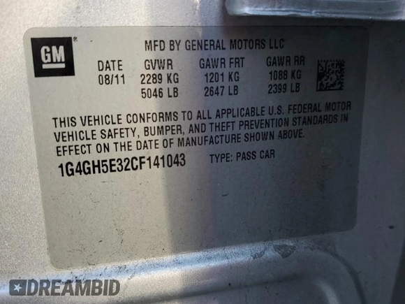 2012 Buick LaCrosse Premium 3 with VIN 1G4GH5E32CF141043, listed as a Copart auction lot 50089965 with 185,515 mi miles and Salvage title. Bid and sale history available at DreamBid. Image 14.