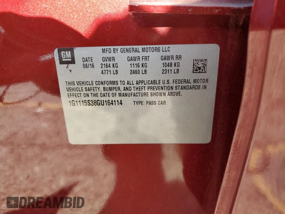 2016 Chevrolet Impala LT with VIN 1G1115S38GU164114, listed as a Copart auction lot 52373365 with Not Provided miles and Salvage Title. Bid and sale history available at DreamBid. Image 12.