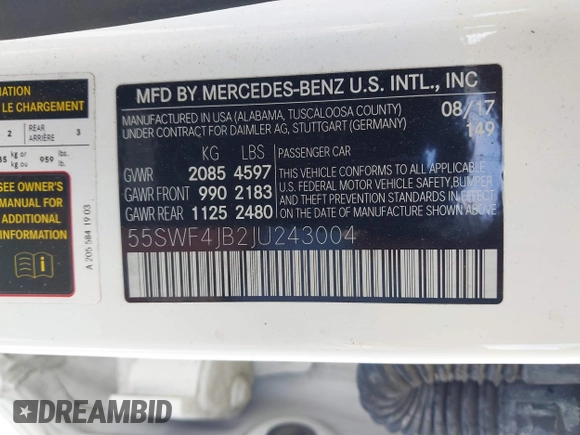 2018 Mercedes-Benz C 300 with VIN 55SWF4JB2JU243004, listed as a IAAI auction lot 42413093 with 78,738 mi miles and . Bid and sale history available at DreamBid. Image 9.