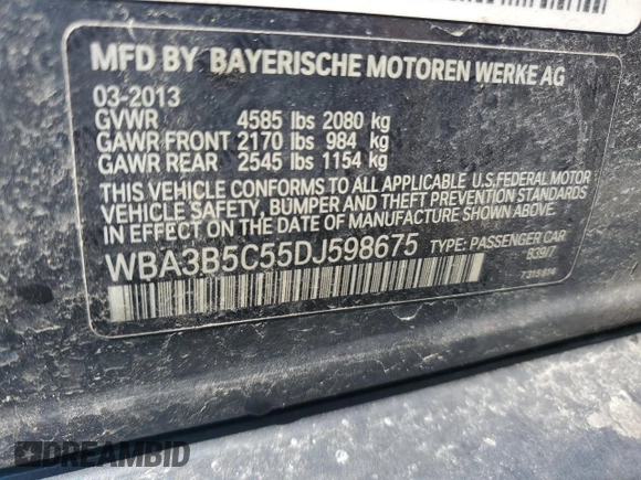 2013 BMW 3 Series 328i xDrive with VIN WBA3B5C55DJ598675, listed as a Copart auction lot 46996335 with 106,825 mi miles and Clean Title. Bid and sale history available at carsss.com. Image 12.