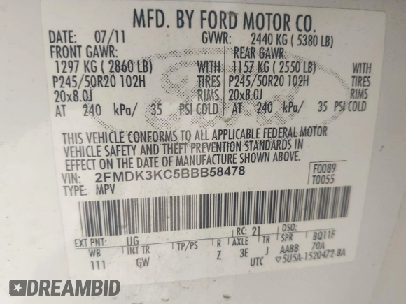 2011 Ford Edge Limited с VIN 2FMDK3KC5BBB58478, выставлен на аукционе IAAI как лот 42716473 с пробегом 214 551 миль миль и . История ставок и продаж доступна на DreamBid. Изображение 9.