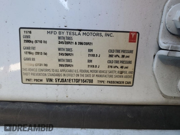 2016 Tesla Model S 70 with VIN 5YJSA1E17GF164788, listed as a Copart auction lot 75565904 with 96,936 mi miles and Salvage title. Bid and sale history available at DreamBid. Image 13.