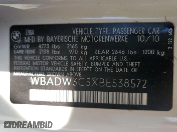 2011 BMW 3 Series 328i with VIN WBADW3C5XBE538572, listed as a Copart auction lot 55790385 with 125,092 mi miles and Non repairable. Bid and sale history available at DreamBid. Image 12.