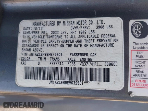 2014 Nissan 370Z Nismo with VIN JN1AZ4EH9EM632501, listed as a IAAI auction lot 39504585 with Not Provided miles and . Bid and sale history available at DreamBid. Image 9.