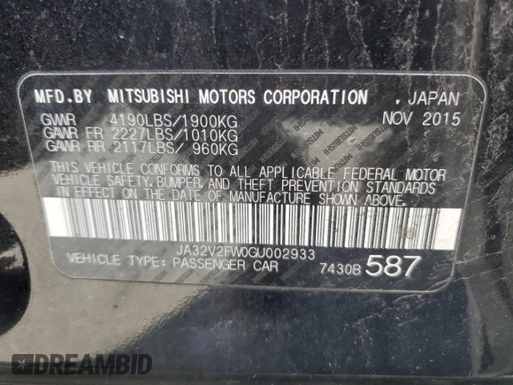 2016 Mitsubishi Lancer SE with VIN JA32V2FW0GU002933, listed as a Copart auction lot 47128115 with 124,965 mi miles and Salvage Title. Bid and sale history available at carsss.com. Image 12.