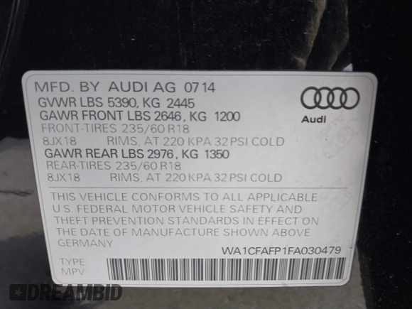 2015 Audi Q5 Premium with VIN WA1CFAFP1FA030479, listed as a IAAI auction lot 40957493 with 103,805 mi miles. Bid and sale history available at carsss.com. Image 9.